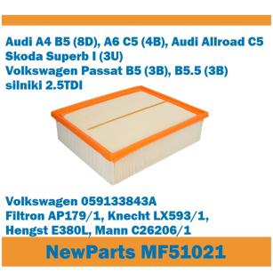 NewParts Filtr powietrza Audi A4 B5 A6 C5 Skoda Superb I VW Passat B5 zamiennik Filtron AP179/1 MF51